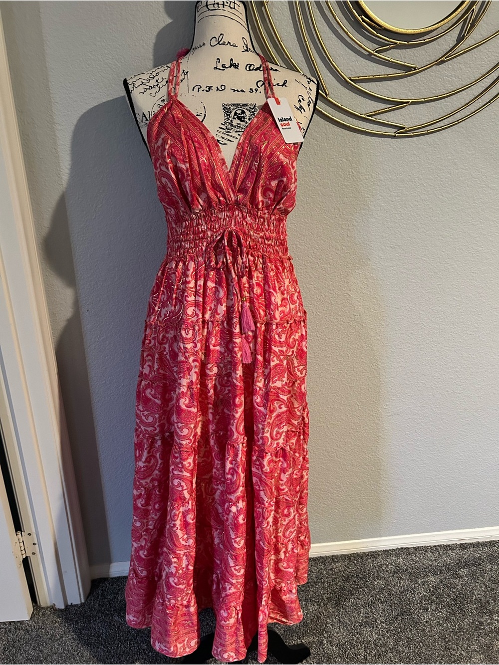 Island Soul Pink Red Gold Metallic Paisley Smocked Tiered Halter Maxi Dress NWT